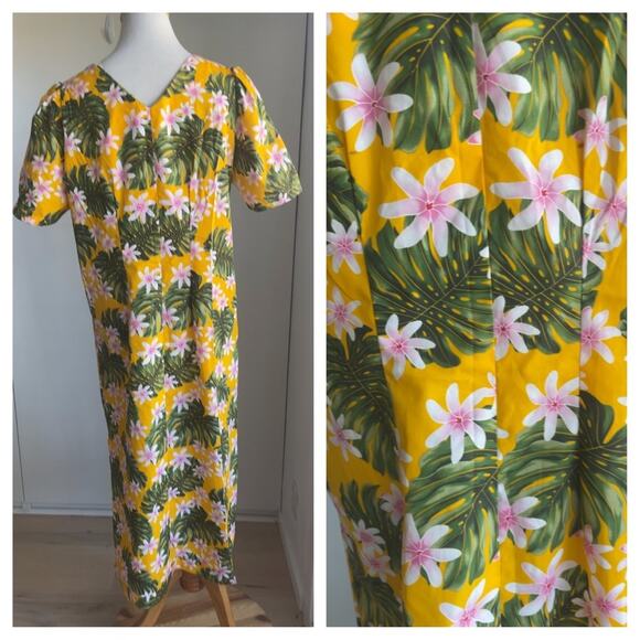 Vintage Hawaiian Mumu Dress Midi Yellow Pink Tropical Print Vacation Size Medium - Picture 3 of 11